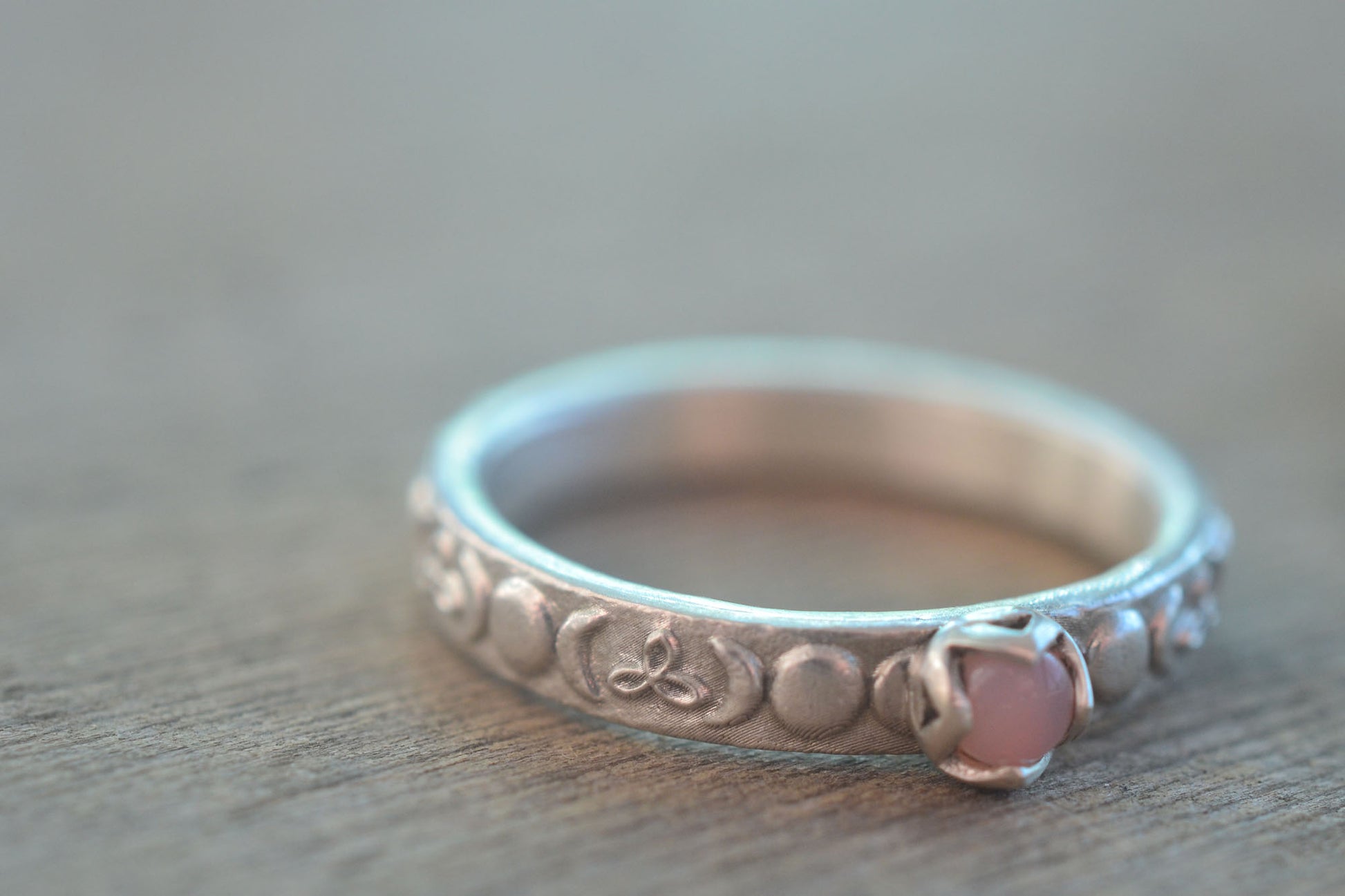 Natural Pink Opal Ring With Moon Phase Pattern