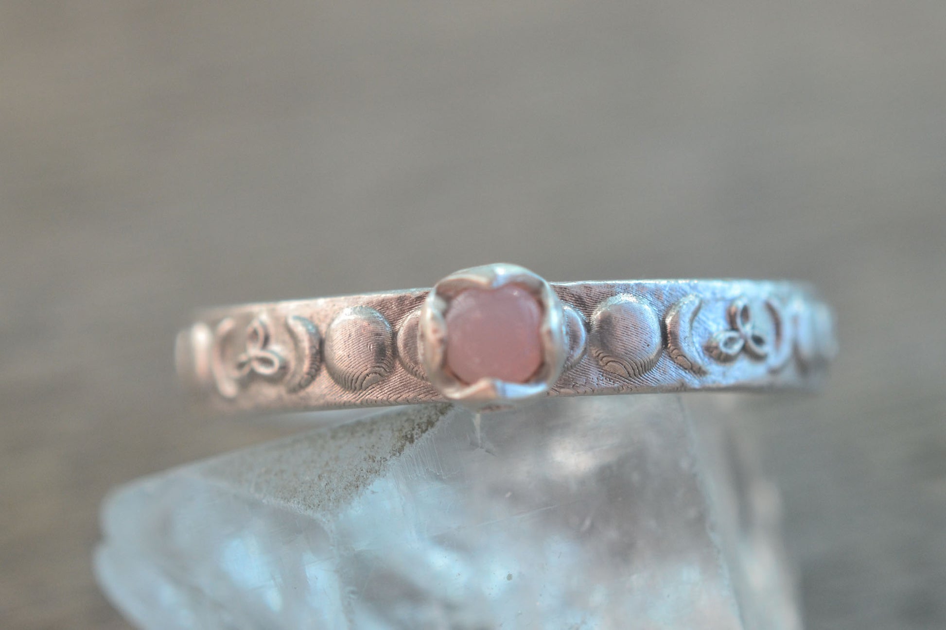 3mm Pink Opal Triple Moon Ring in Silver