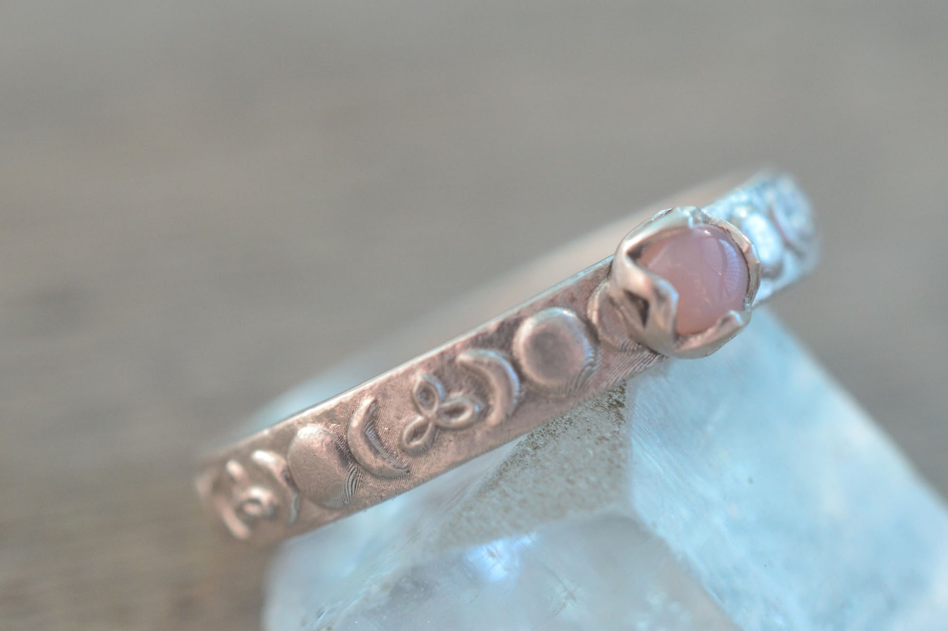 Dainty Pink Opal Promise Ring With Moon Design