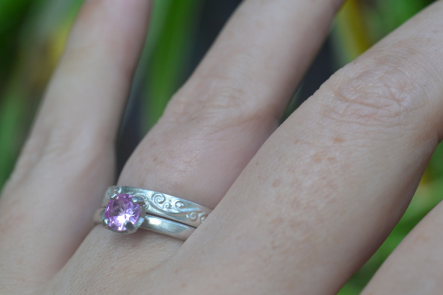 Pink Sapphire & Silver Spiral Wedding Ring Set