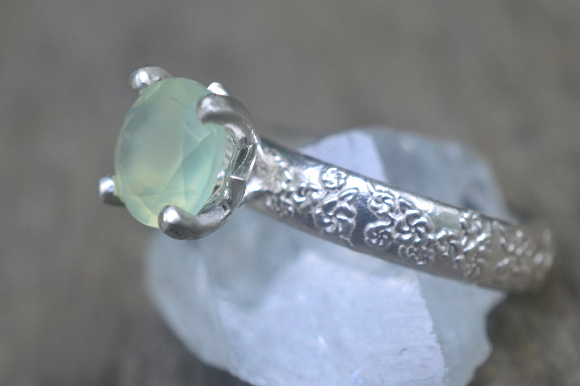Natural Prehnite Engagement Ring in Shiny Silver