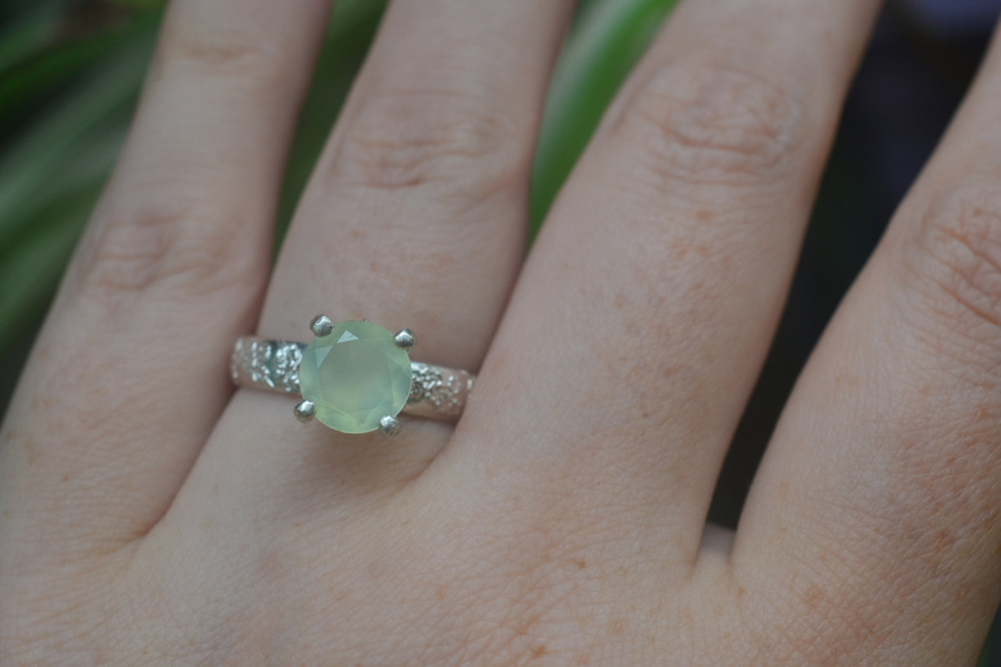 Silver Cherry Blossom & Natural Prehnite Stone Ring