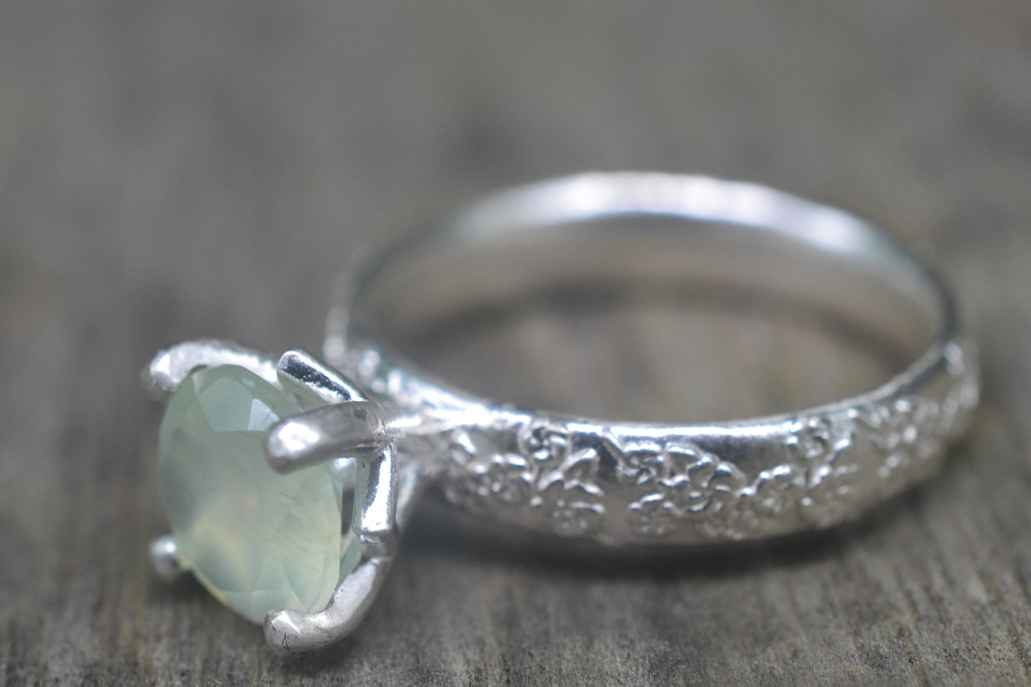 Silver Blossom Ring With Natural Green Stone