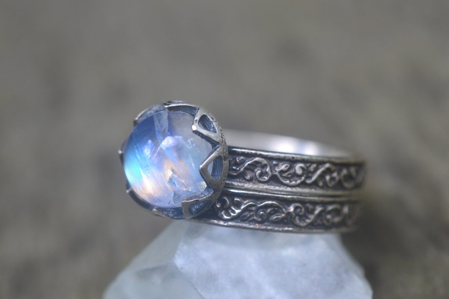 Womens Rainbow Moonstone Wedding Band Set