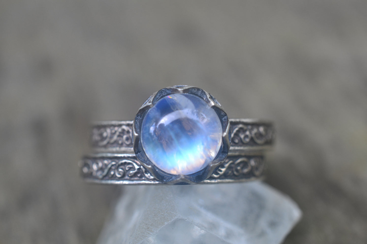 Rainbow Moonstone Engagement Ring Set