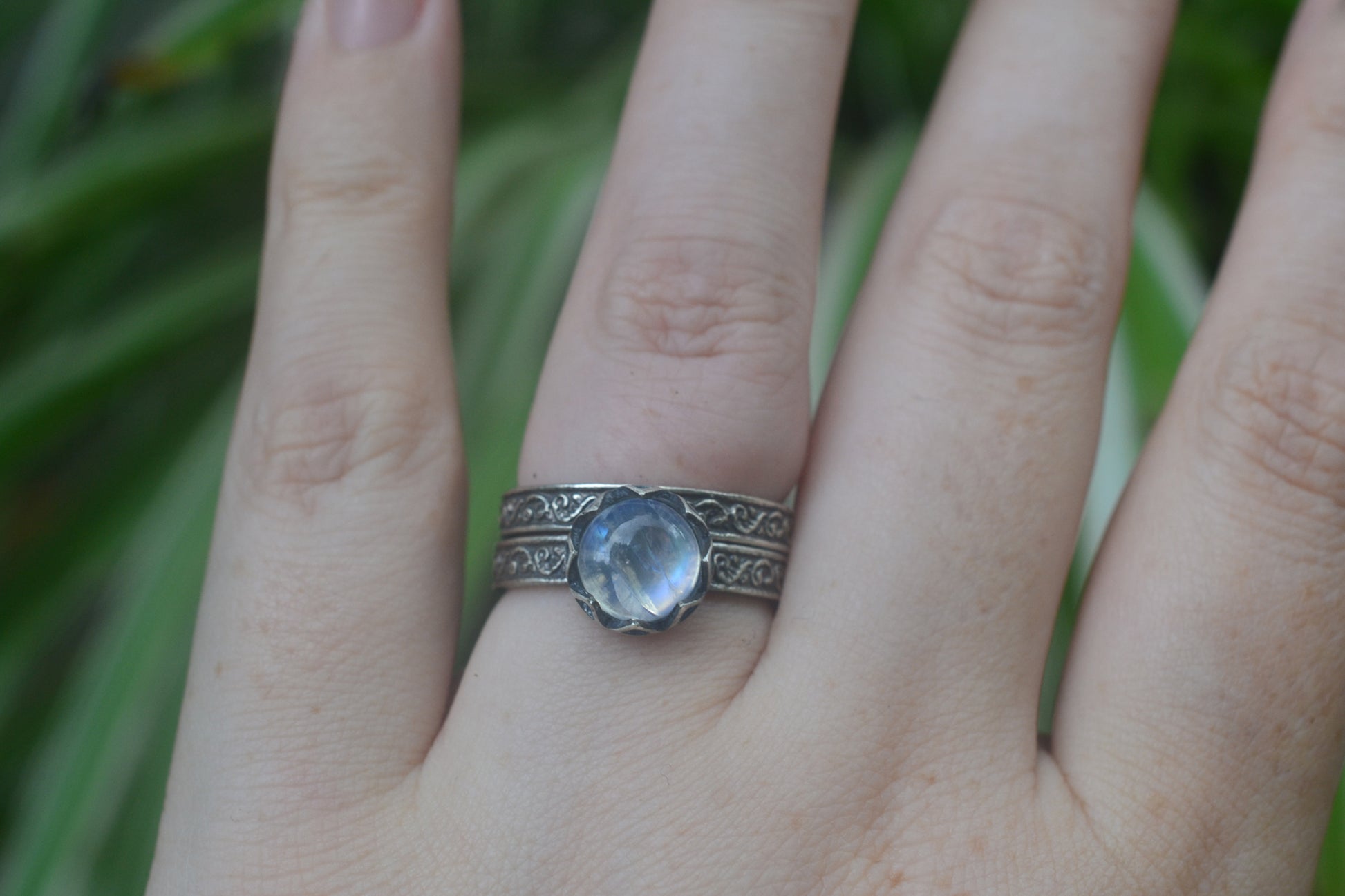 Rainbow Moonstone Bridal Ring Set in Silver