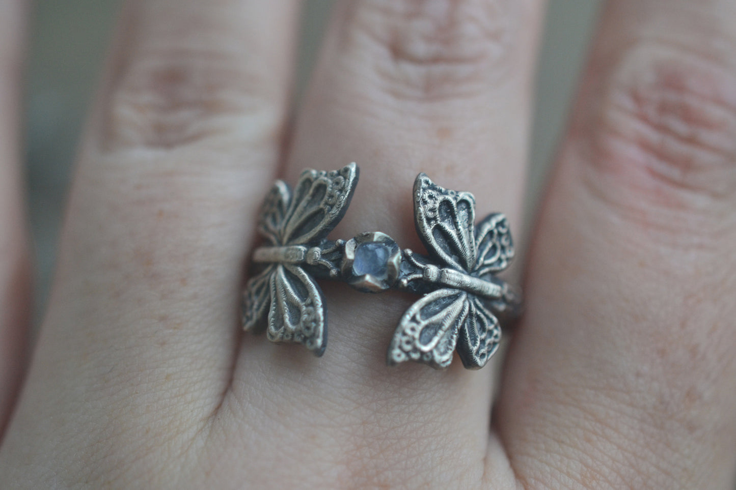 Oxidised Silver Butterfly & Leaf Ring With Moonstone