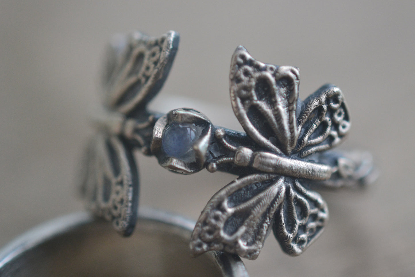 Oxidised Silver Butterflies Ring With Rainbow Moonstone 