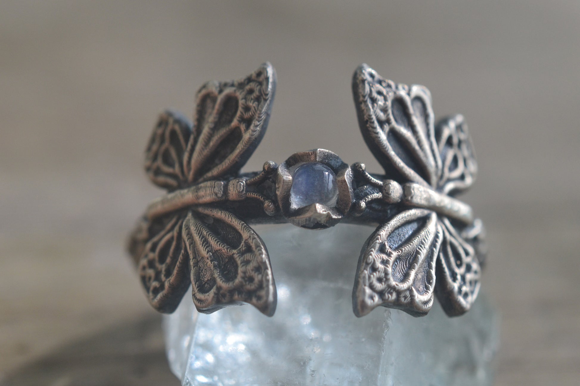 Gothic Butterfly Ring with Natural Rainbow Moonstone