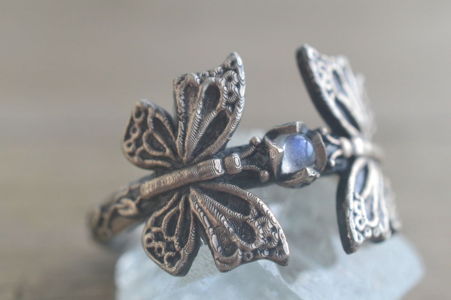 Antiqued Silver Butterfly Ring With Rainbow Moonstone
