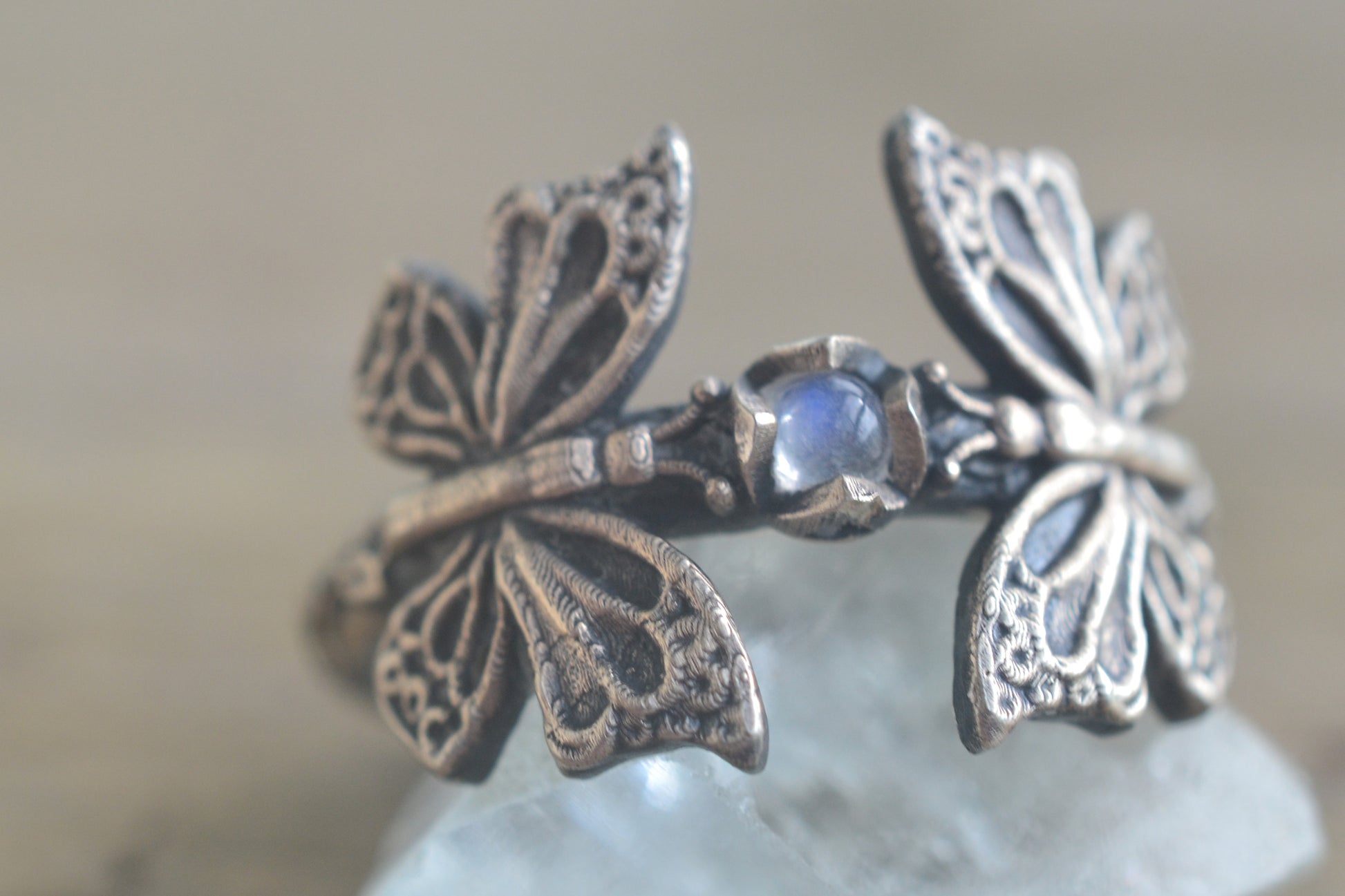 Double Butterfly Ring With Rainbow Moonstone