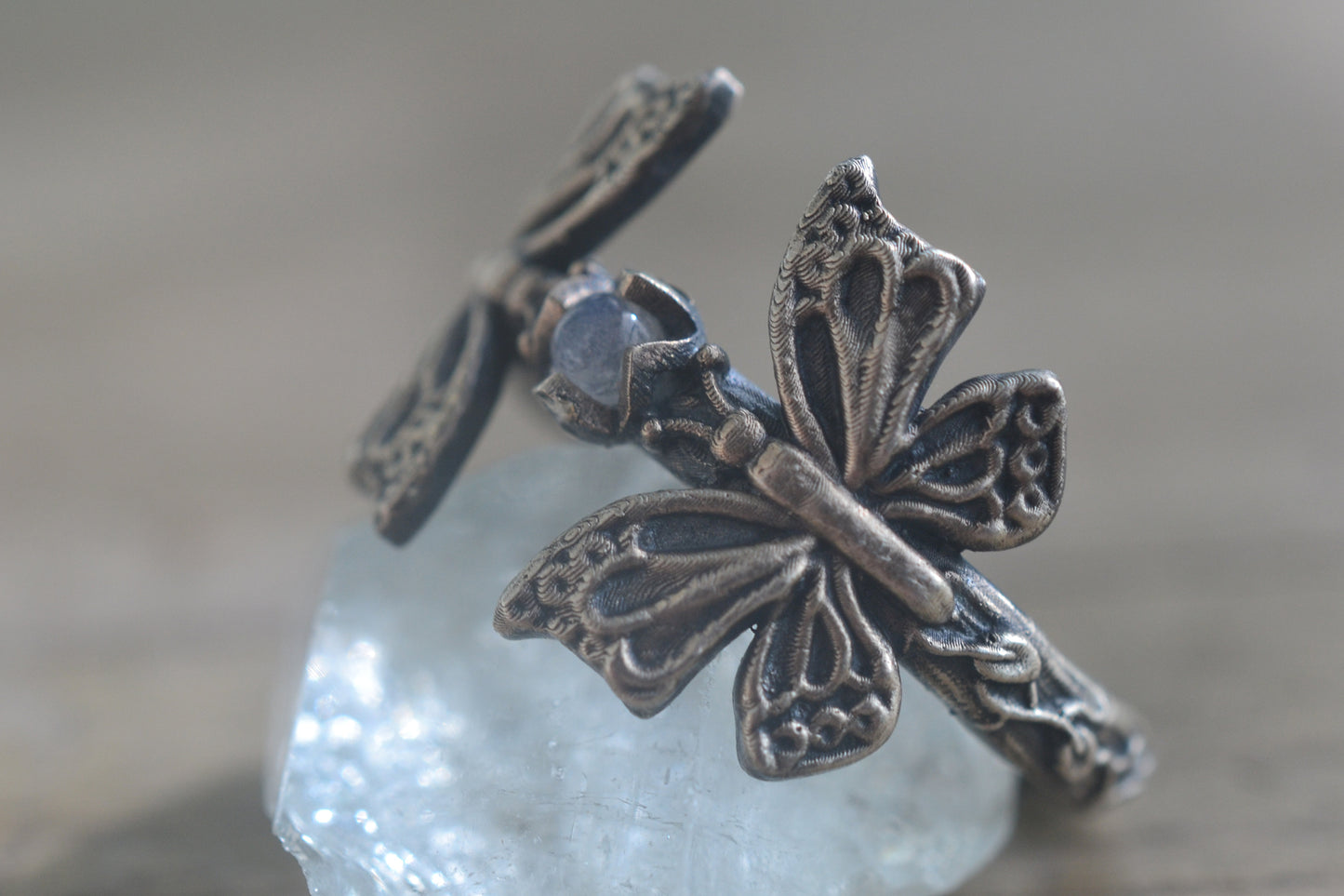 3mm Rainbow Moonstone Butterfly Ring in Silver