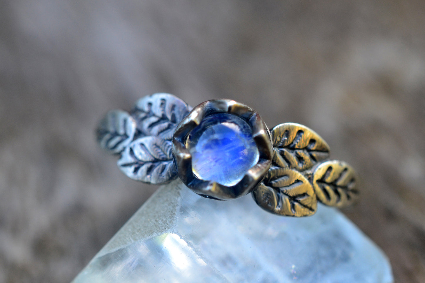 Rainbow Moonstone Rose Leaf Ring in Silver
