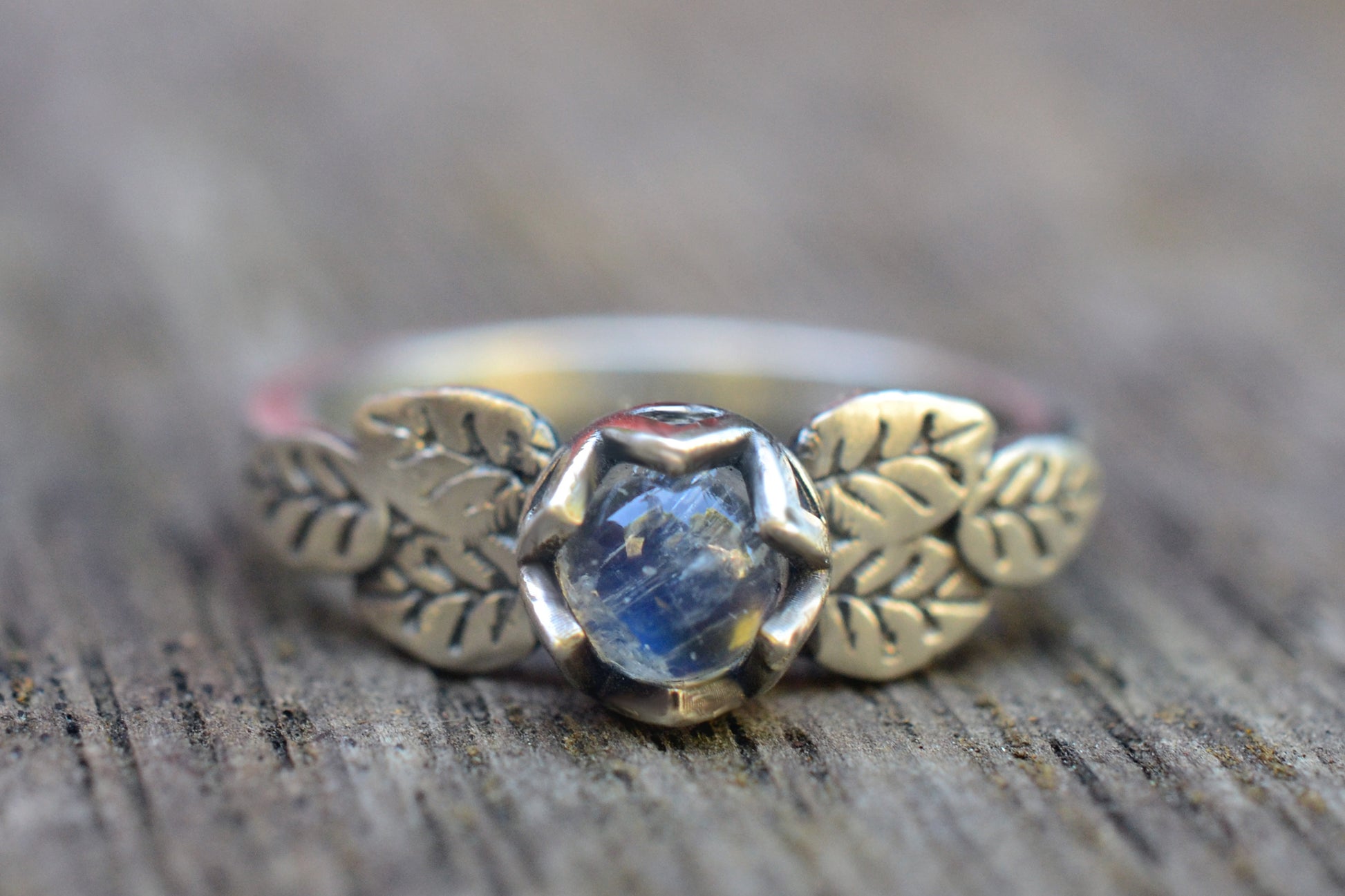 Rose Leaf Cluster Ring With Rainbow Moonstone