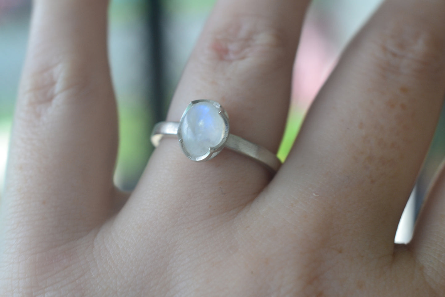 Oval Rainbow Moonstone Gemstone Ring in Silver
