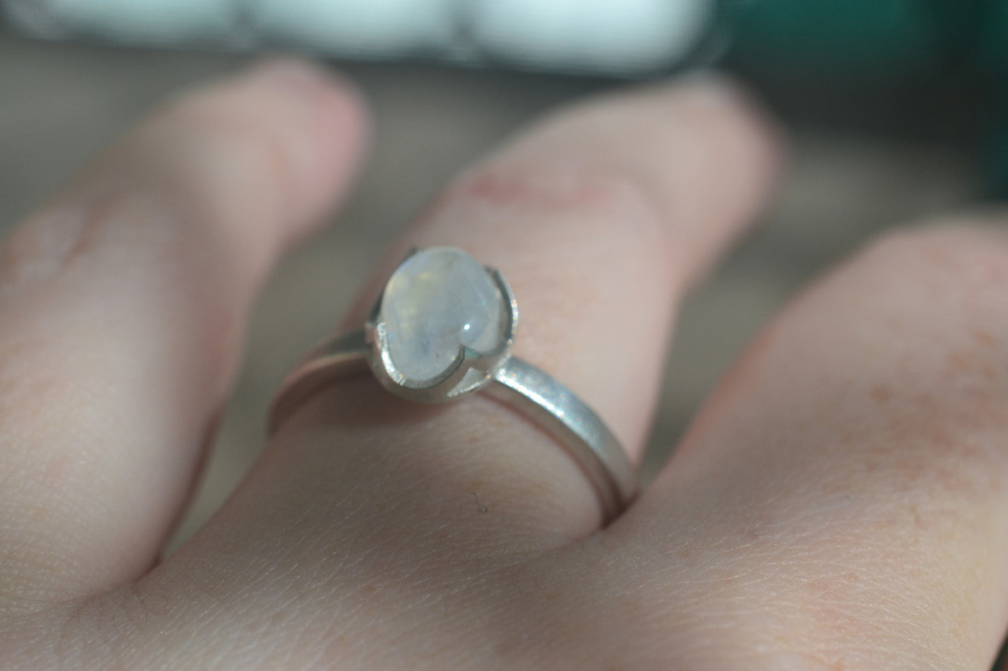 Natural Rainbow Moonstone Crystal Ring in Silver