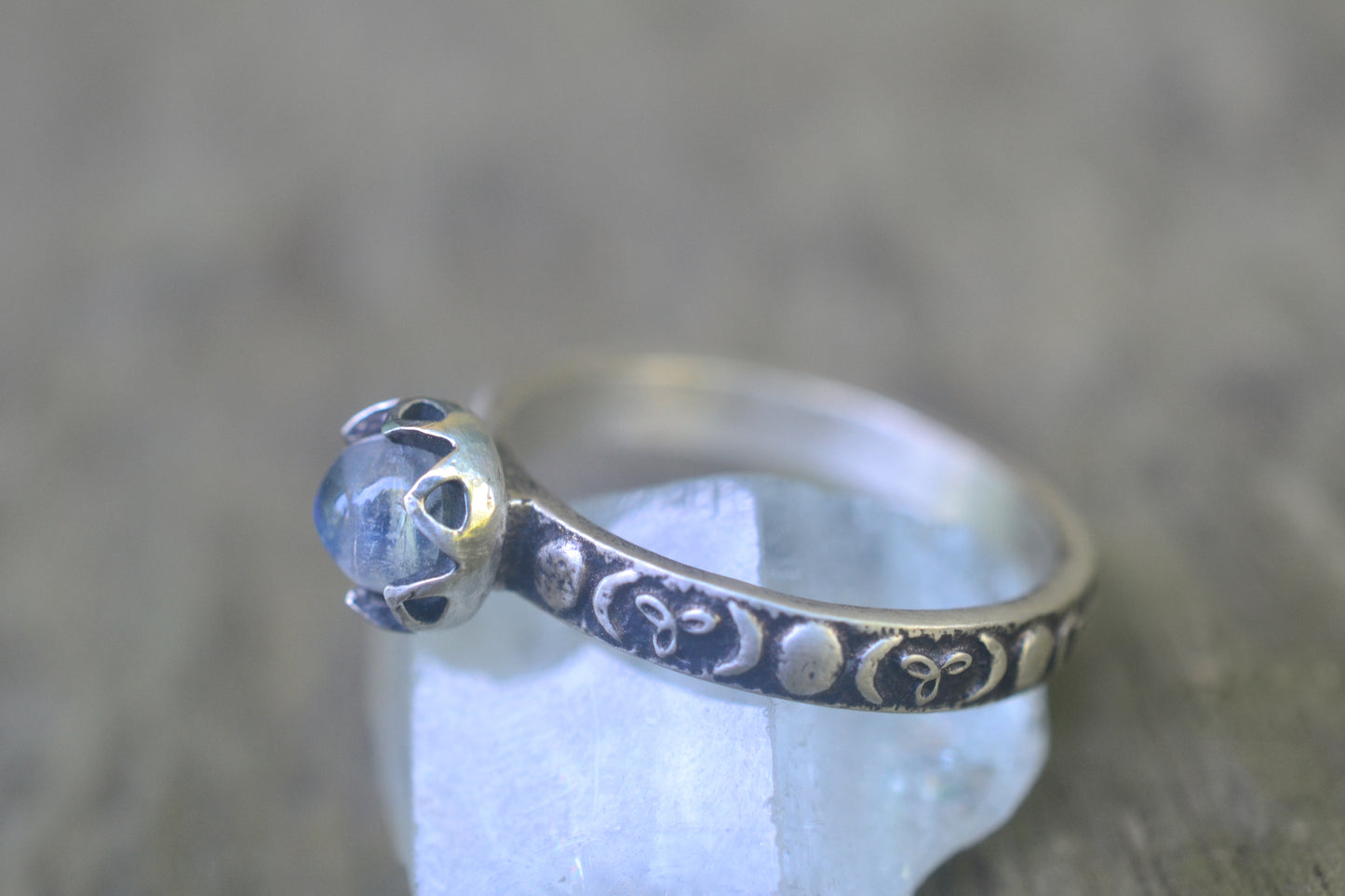 Silver Moon Ring with Rainbow Moonstone