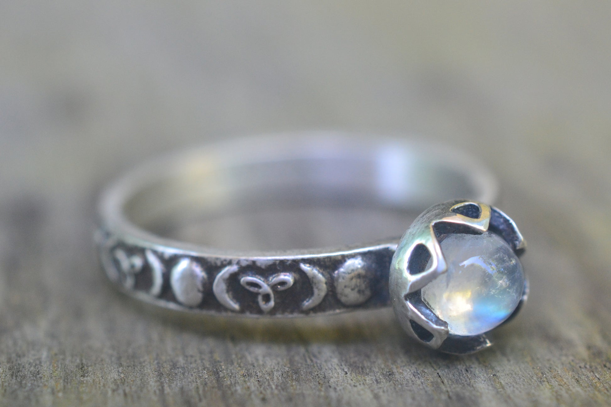 Triple Goddess Rainbow Moonstone Ring in Silver