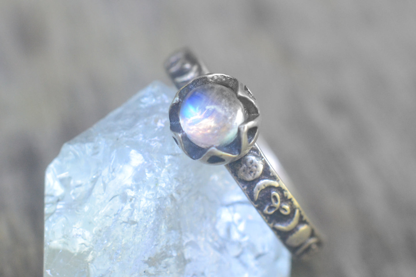 Rainbow Moonstone Silver Moon Band