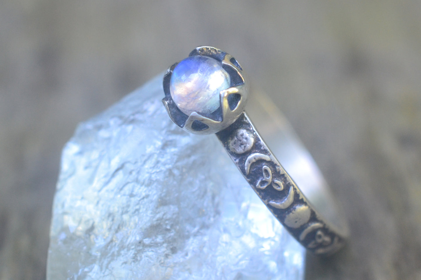 Gothic Silver Triple Moon Rainbow Moonstone Ring