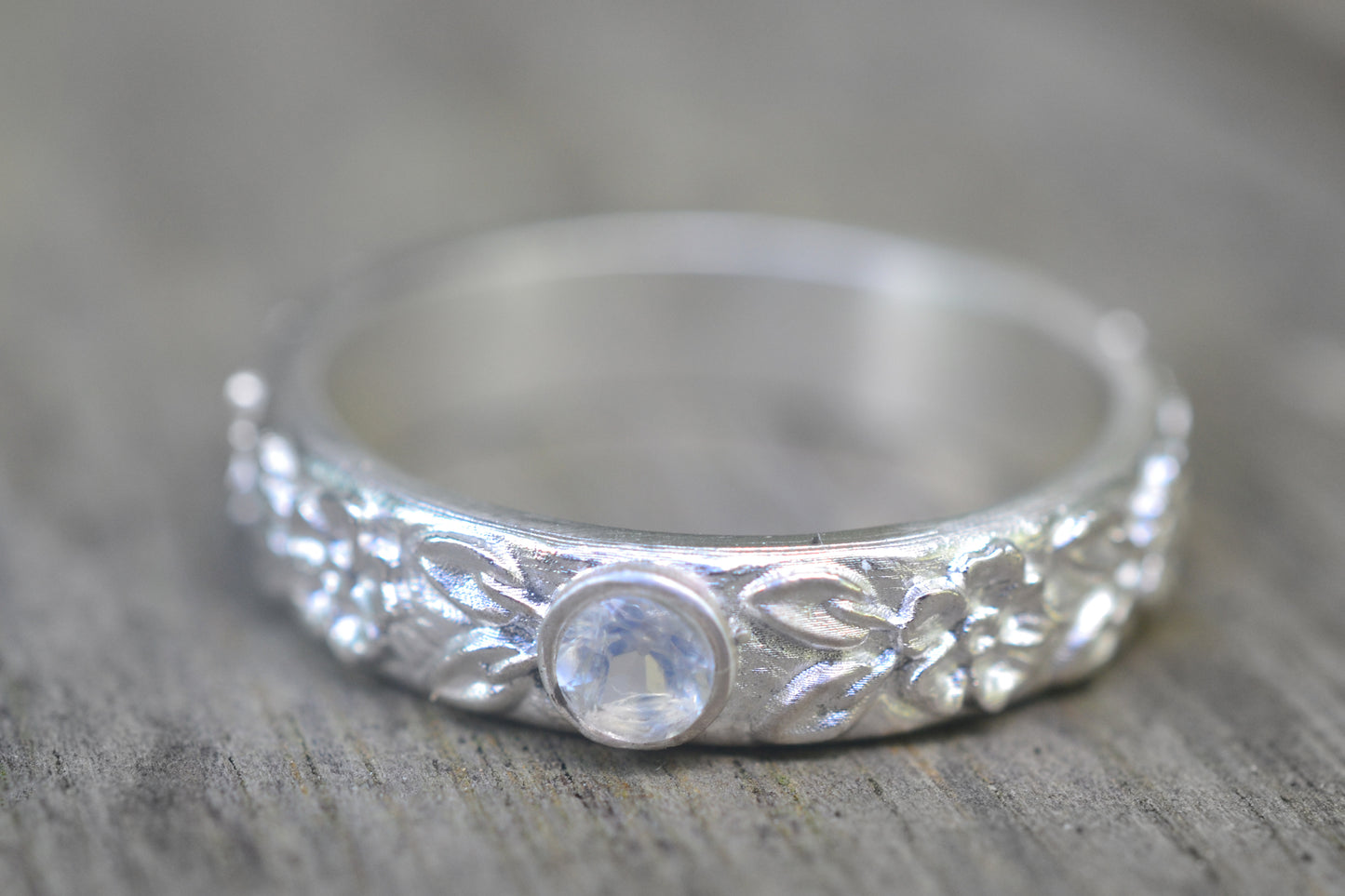 Inset Rainbow Moonstone Wedding Band in Silver