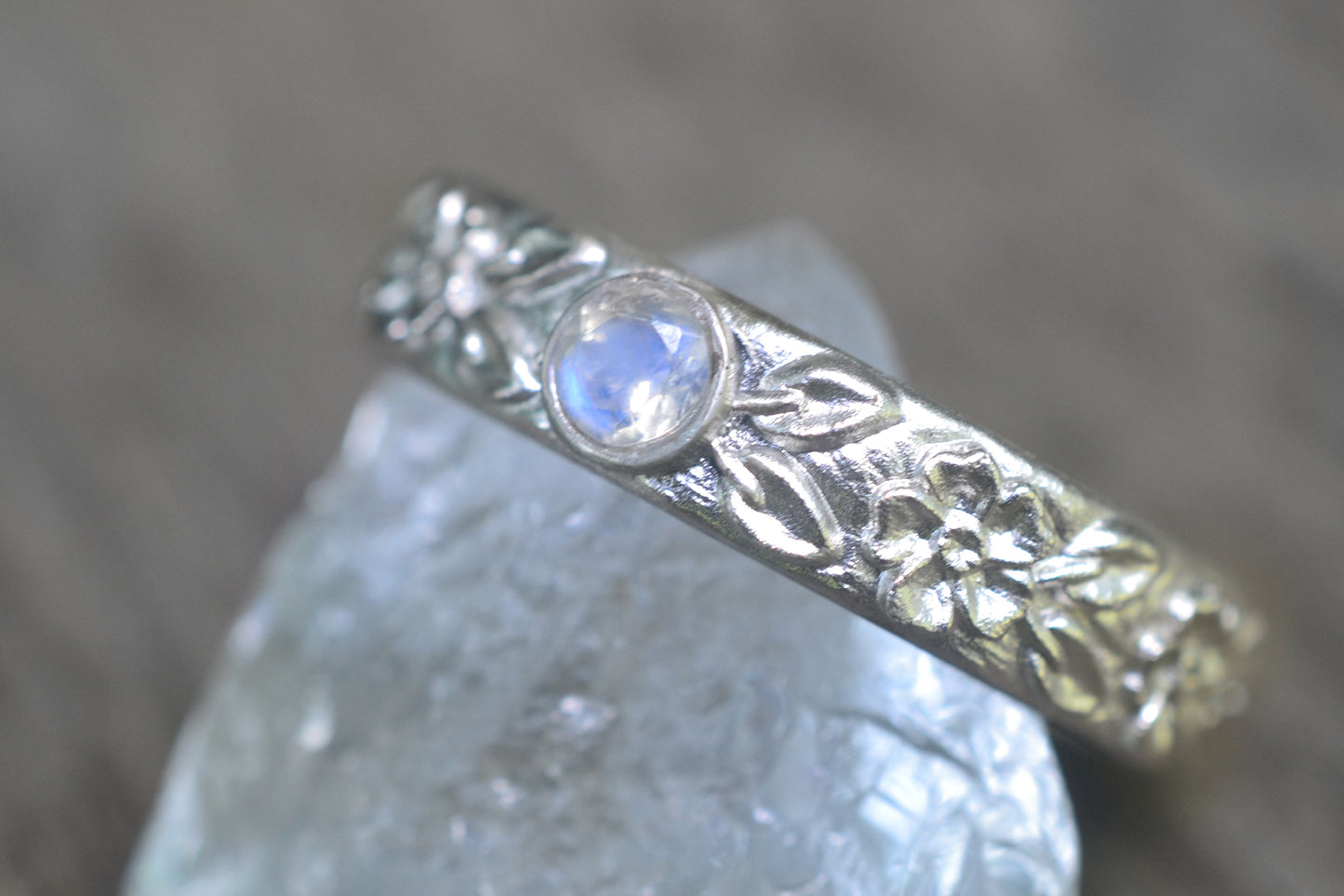 Rainbow Moonstone Ring With Rose Pattern