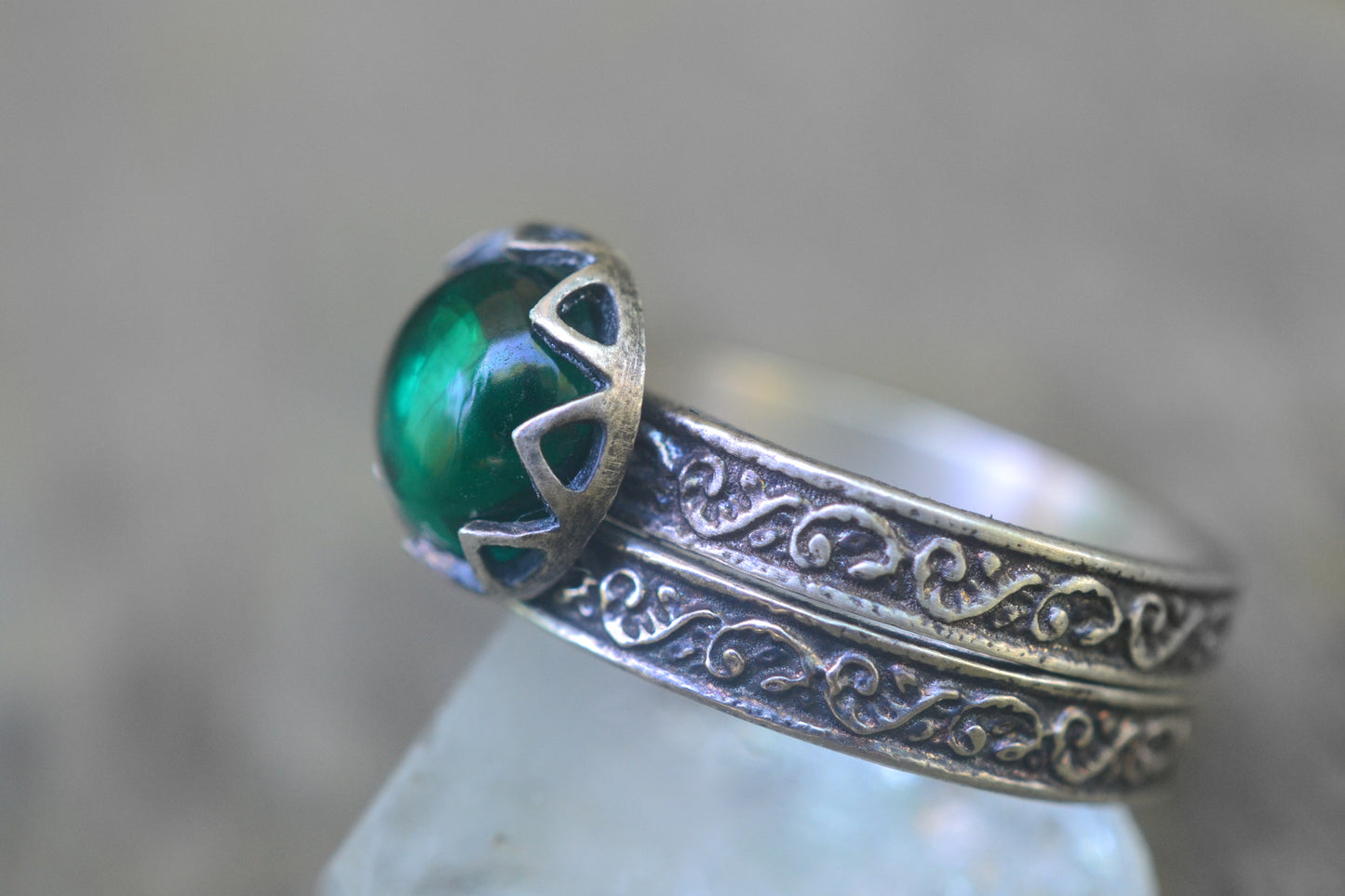 Bezel Set Emerald Ring & Wedding Band in Silver