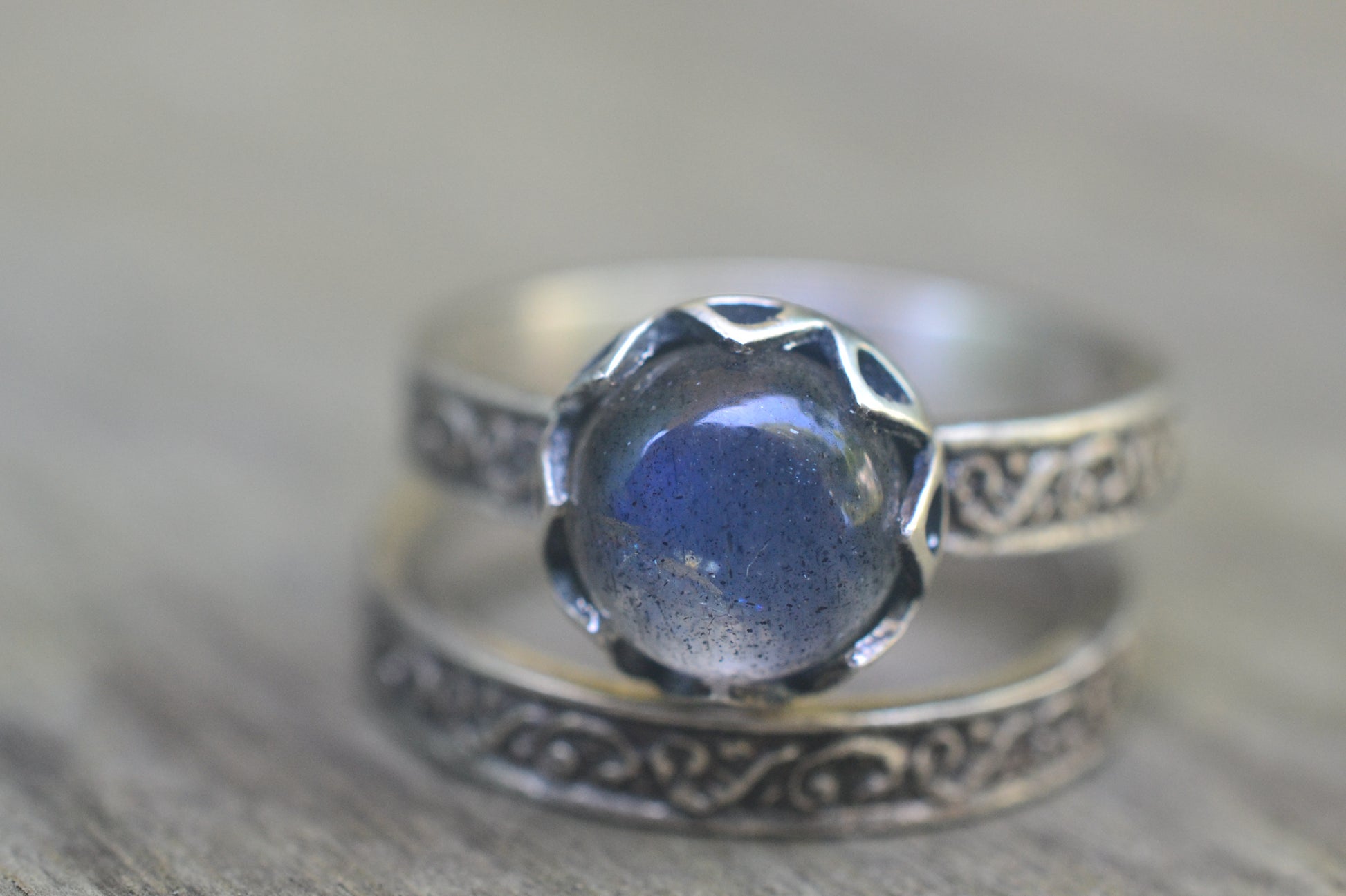 Blue Fire Labradorite Bridal Ring Set in Silver
