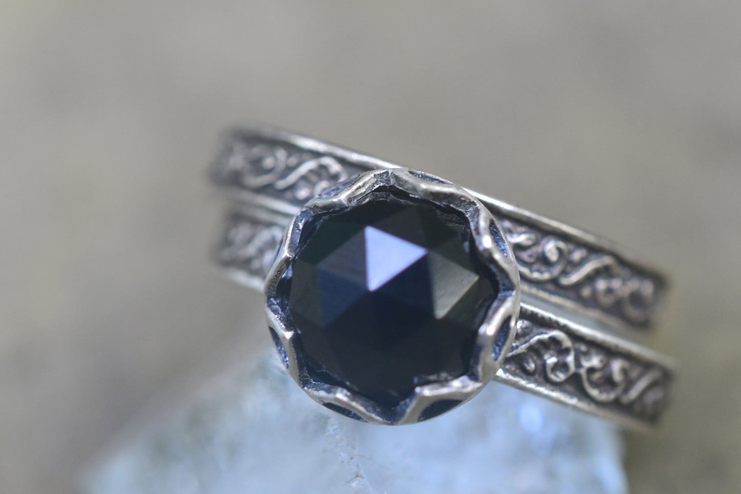 Bezel Wedding Set With Natural Black Spinel