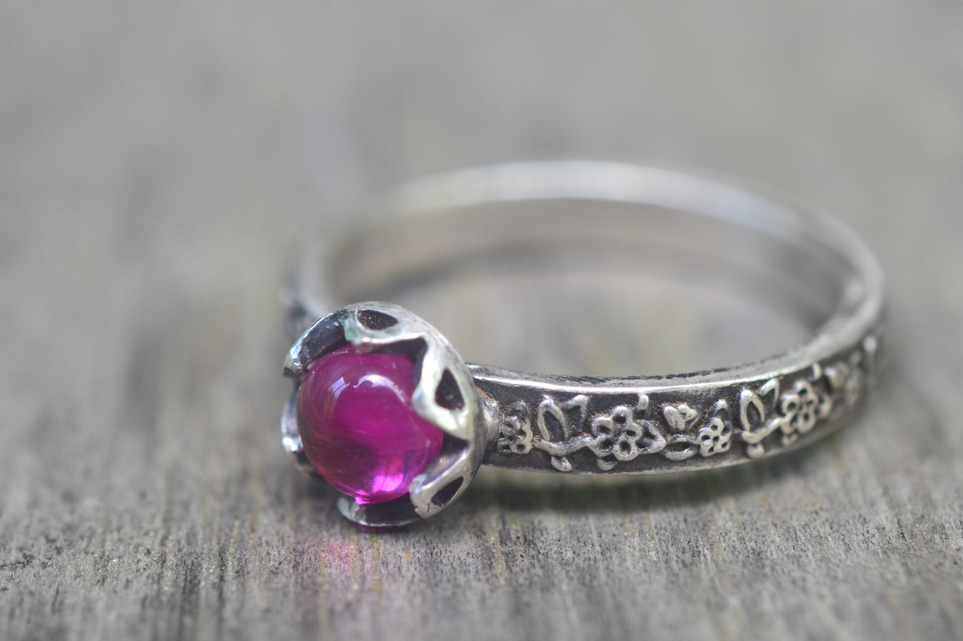 Silver Rose Leaf Ring with 5mm Pink Ruby