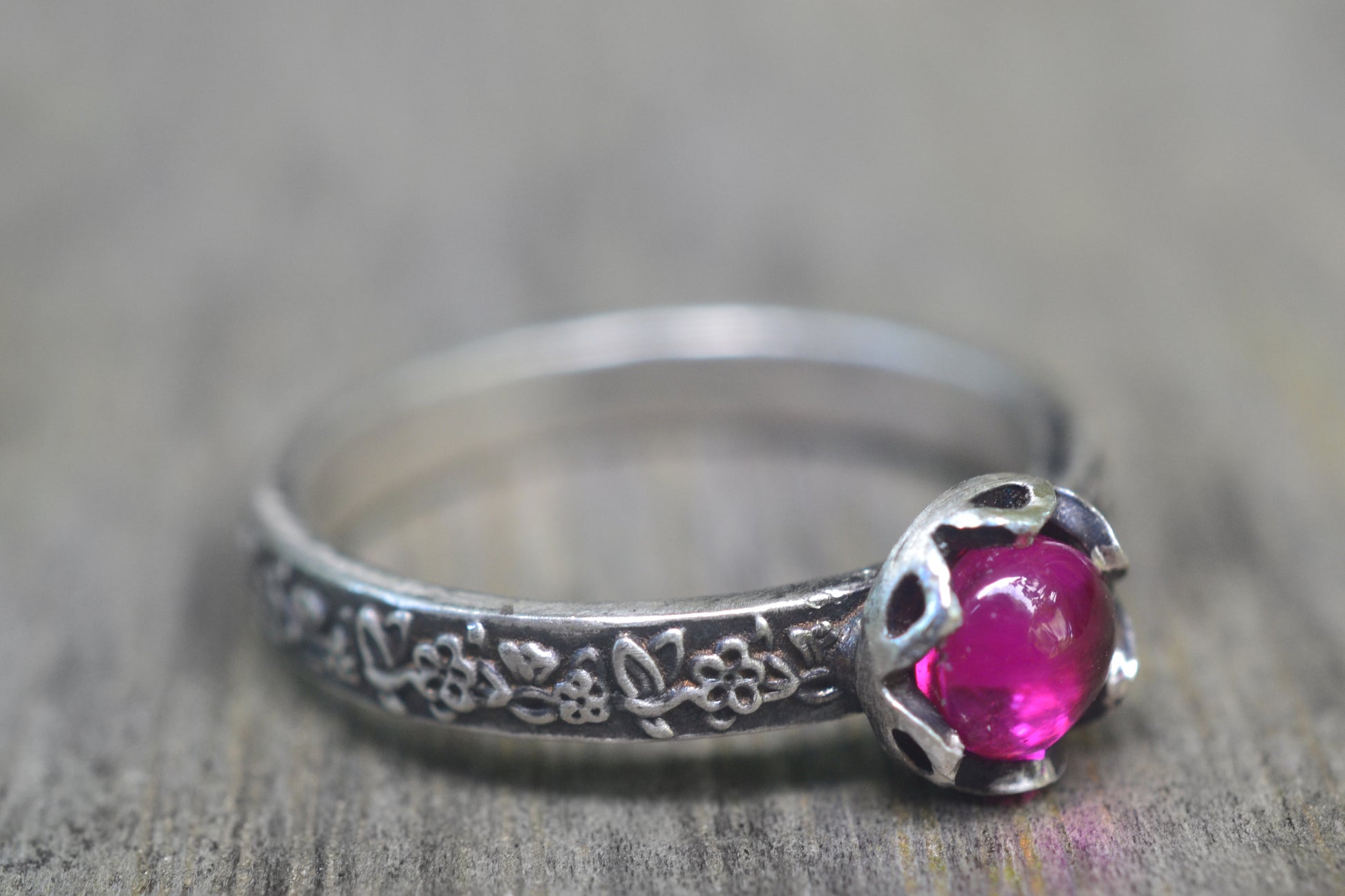Gothic Ruby Promise Ring With Rose Leaf Design
