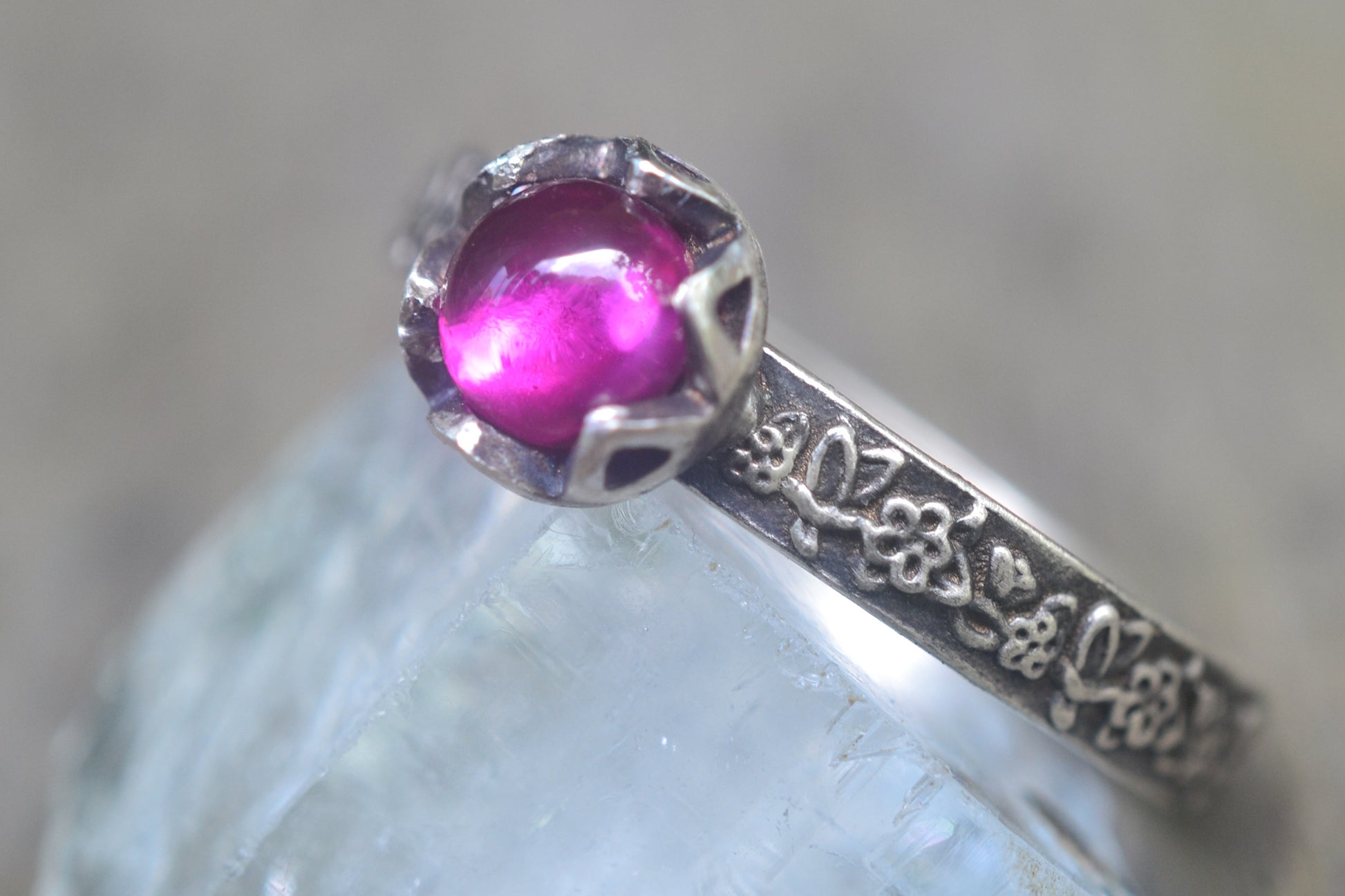 Lab Ruby Promise Ring With Rose Leaf Pattern