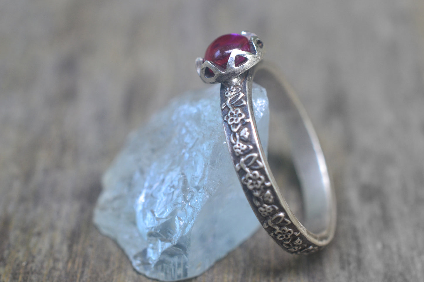 Gothic Poesy Rose Leaf Ring With Created Ruby