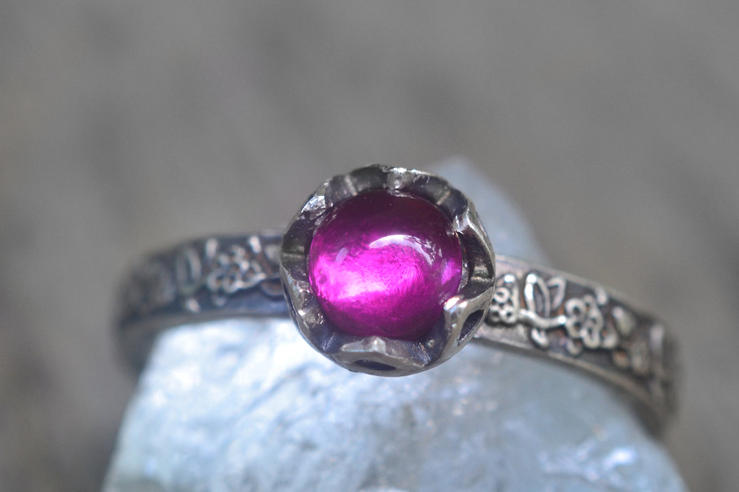 Gothic Ruby Promise Ring in Oxidised Silver