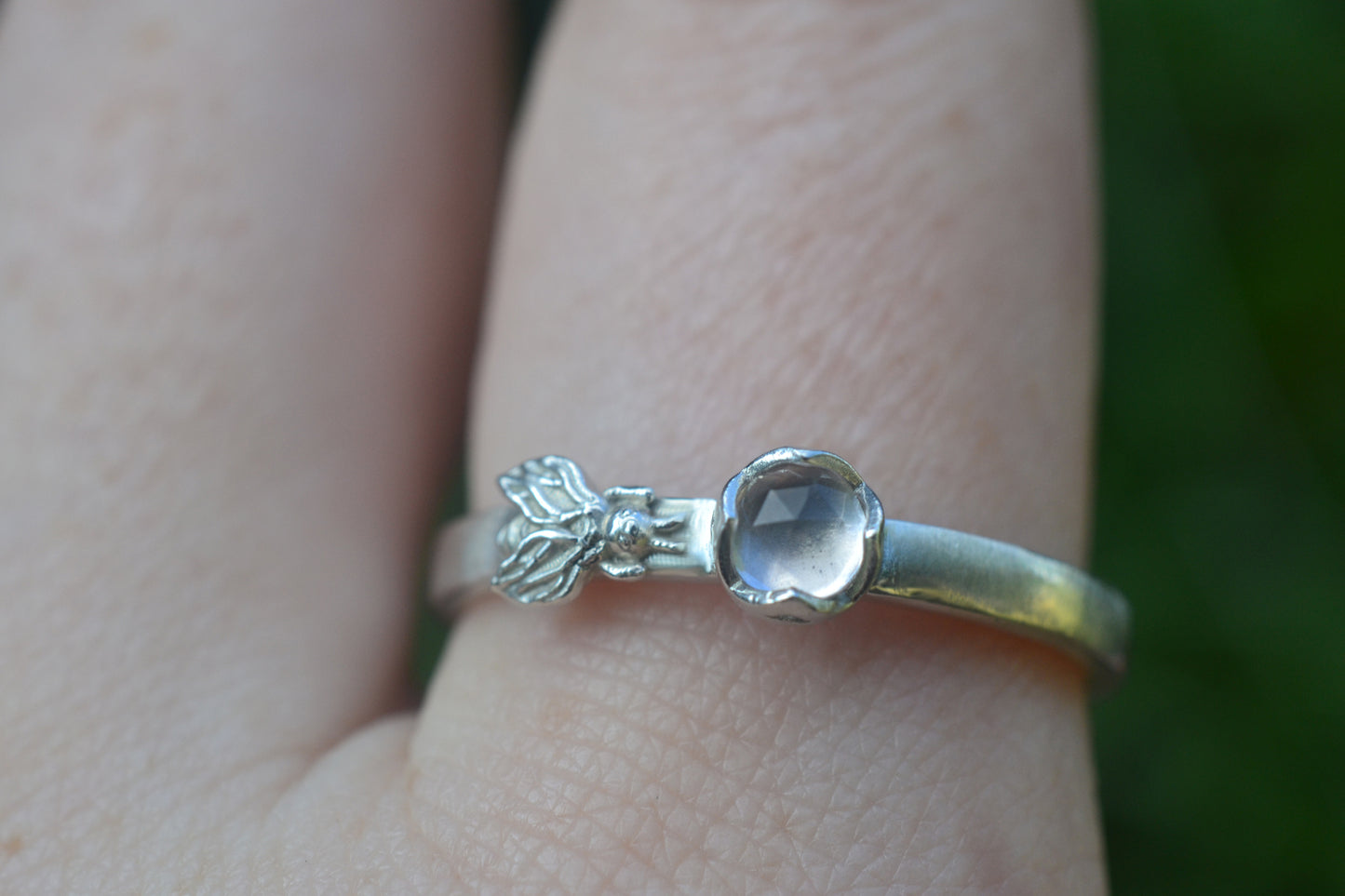 4mm Rose Quartz Ring With Sterling Bee Charm
