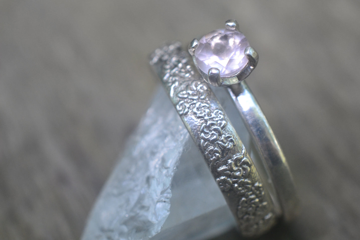 Natural Rose Quartz Engagement Ring Set in Sterling