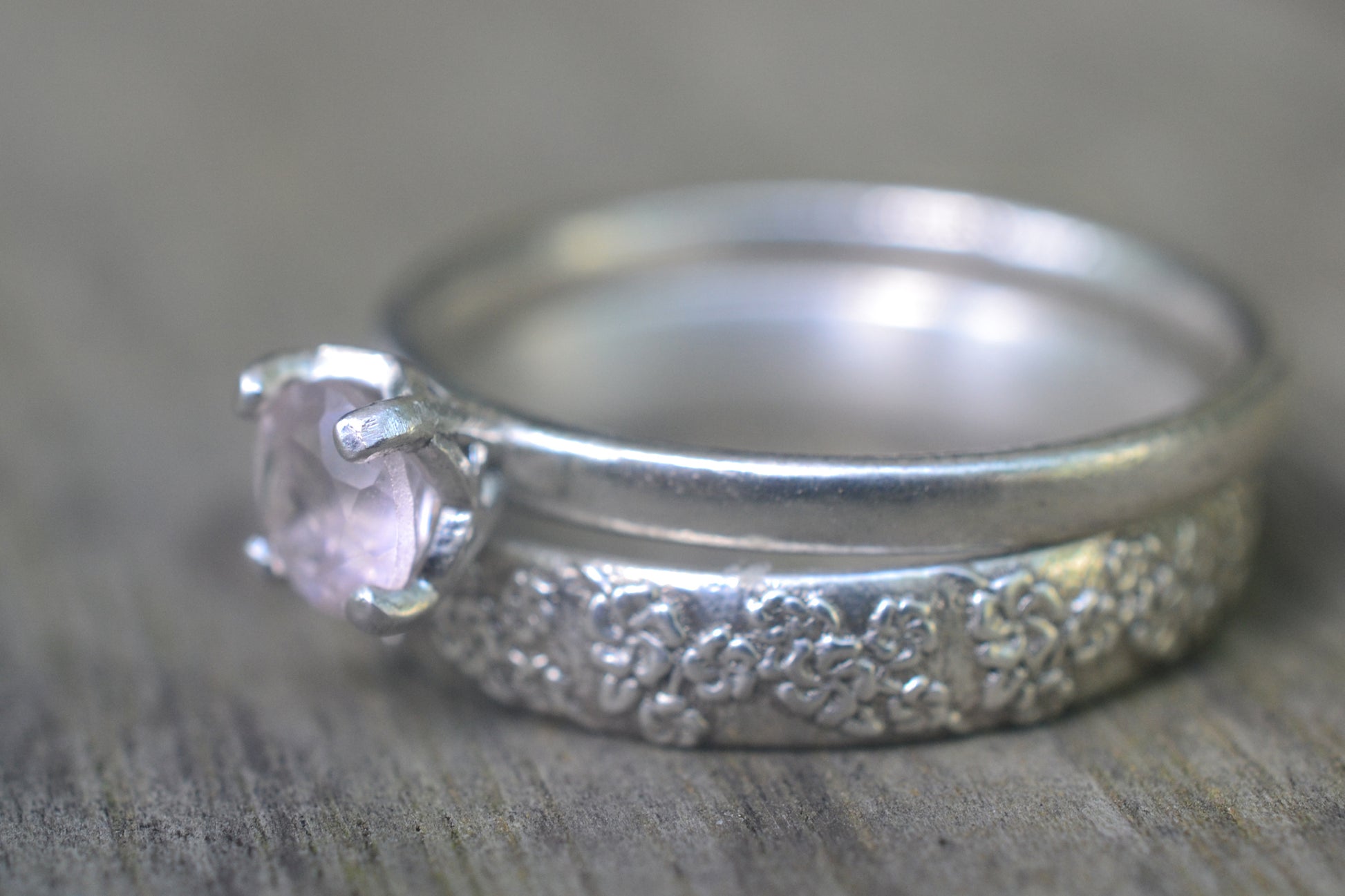 5mm Rose Quartz Bridal Ring Set With Flower Design