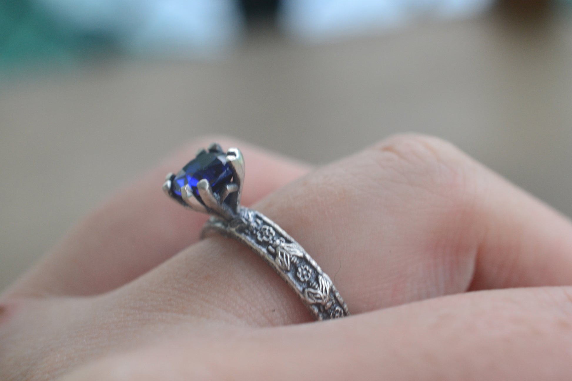 Oxidised Silver Rose and Bee Ring With Sapphire