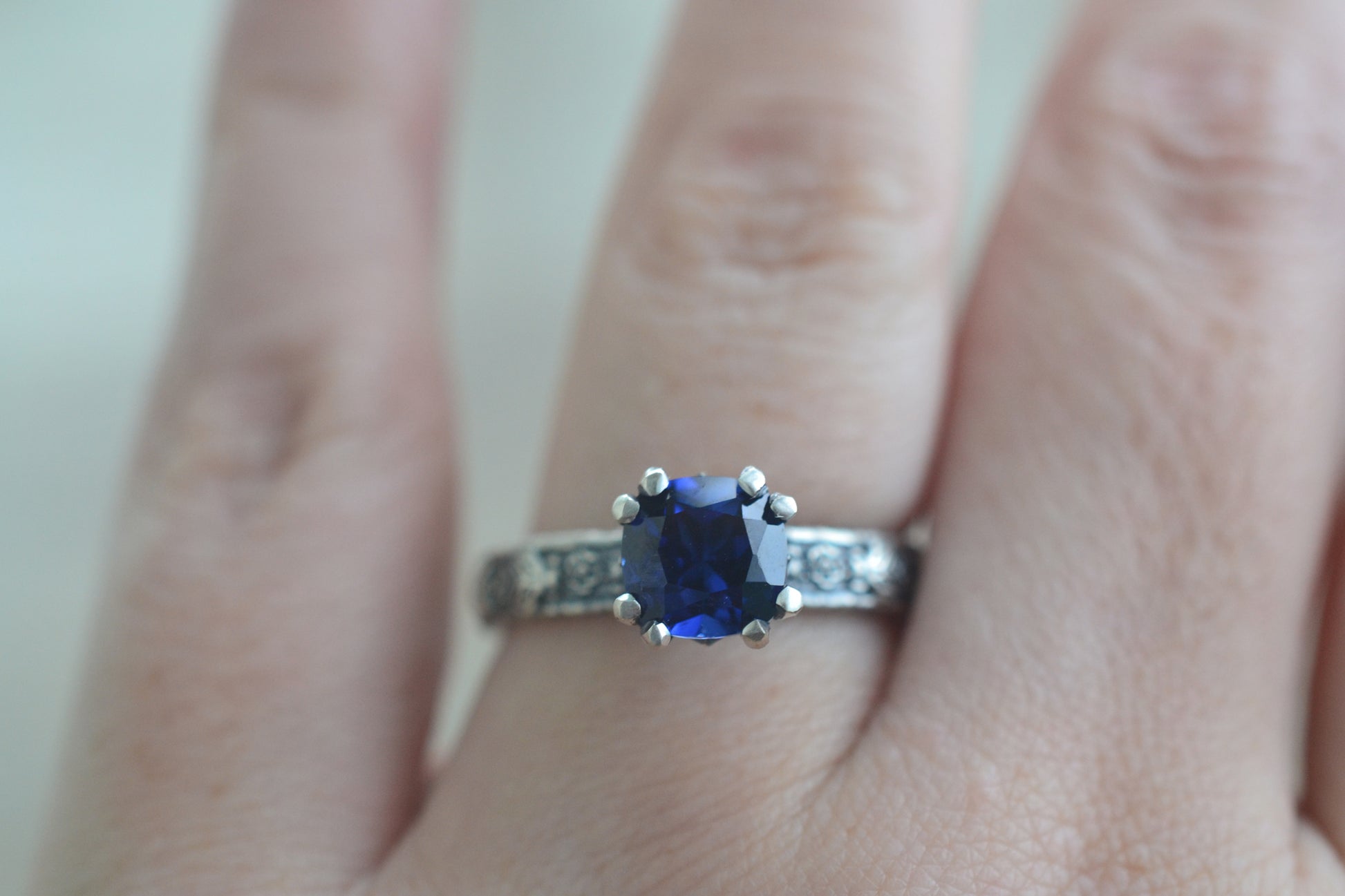 Created Sapphire Ring With Honeybee Design