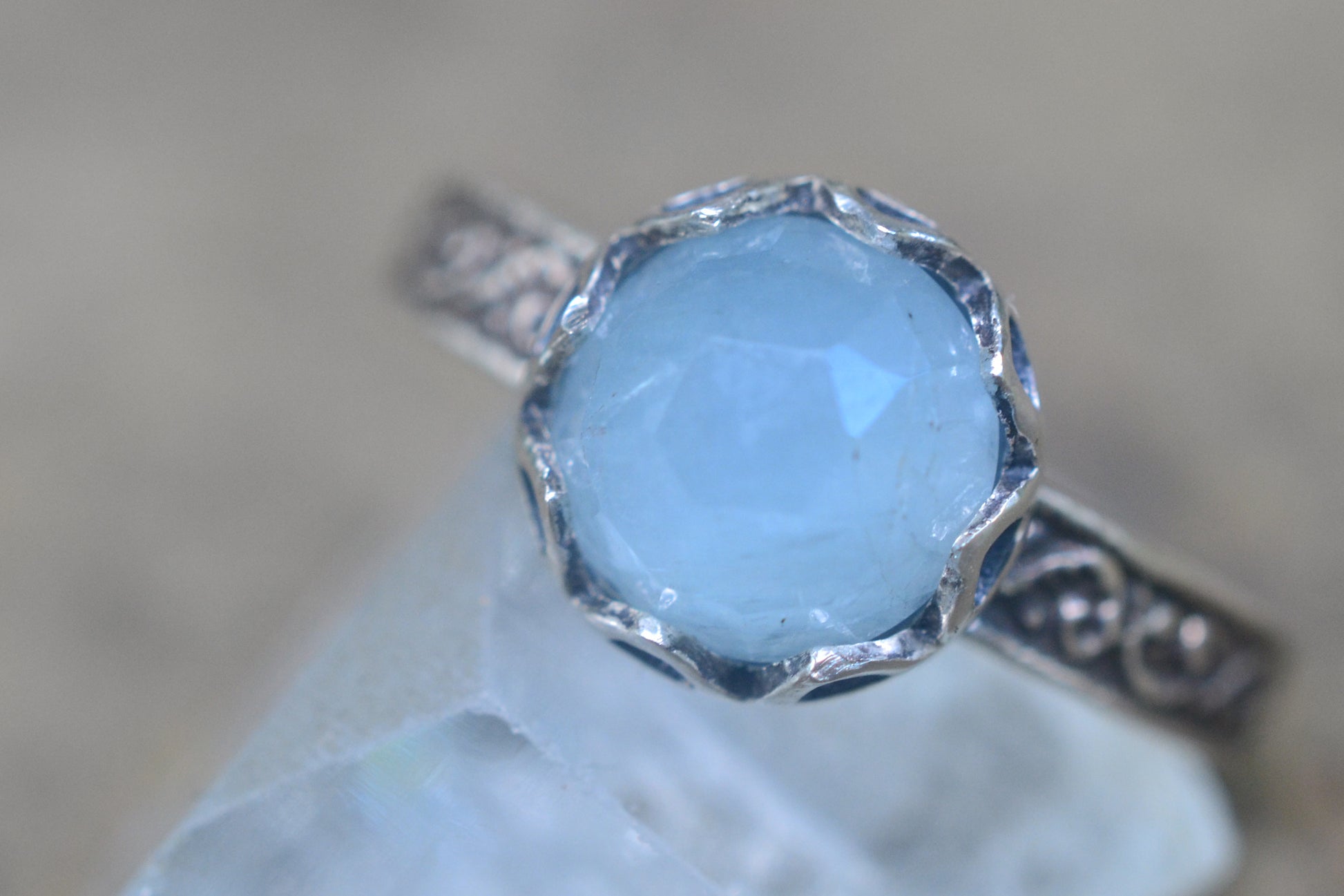 Silver Fern Ring With Rose Cut Aquamarine