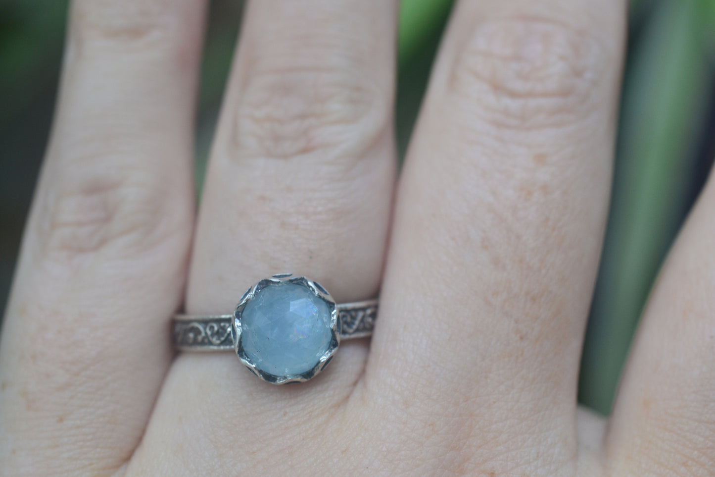 Fern Pattern Ring With Seafoam Aquamarine