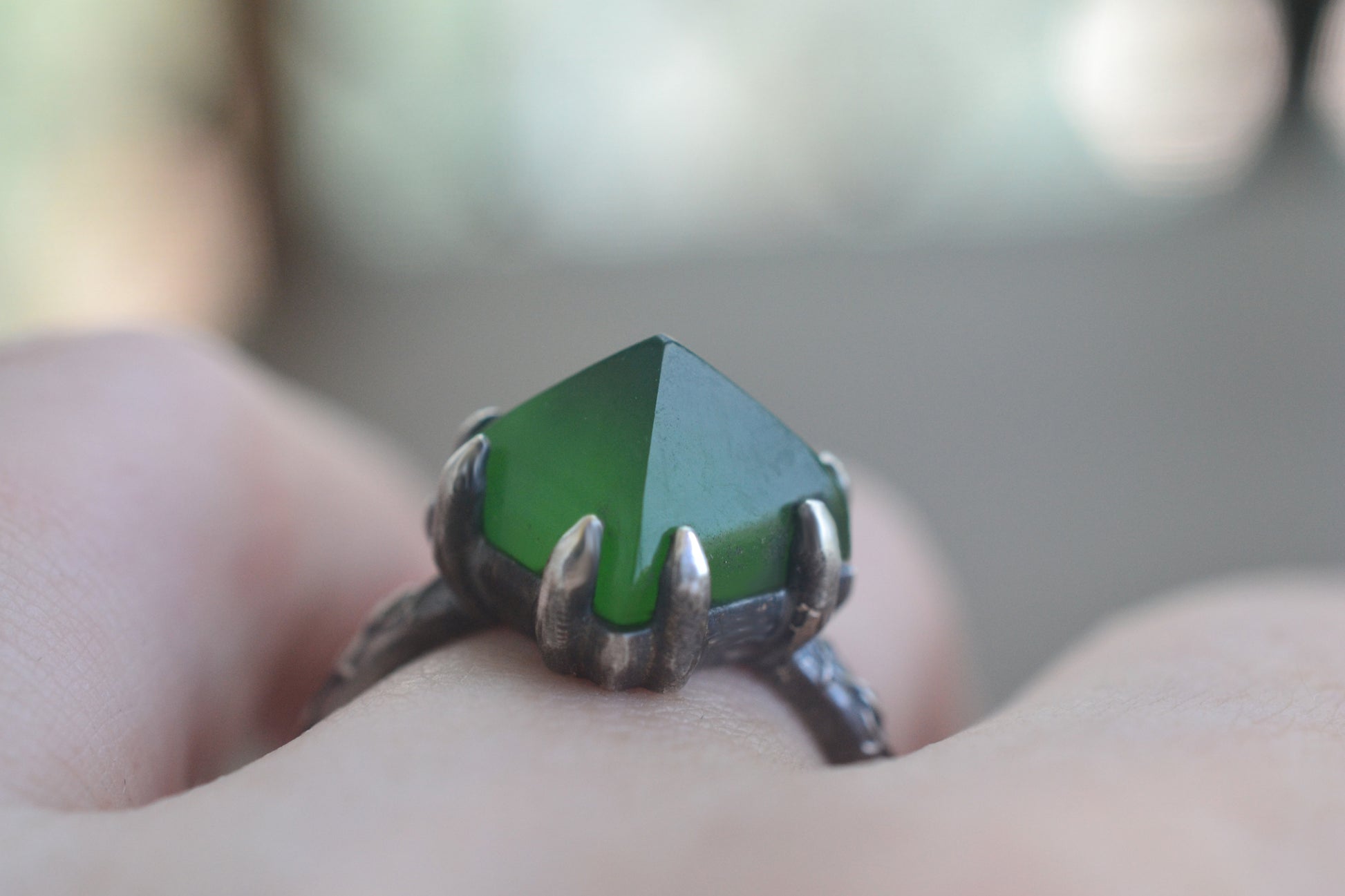 Green Serpentine Point Ring in Oxidised Sterling Silver