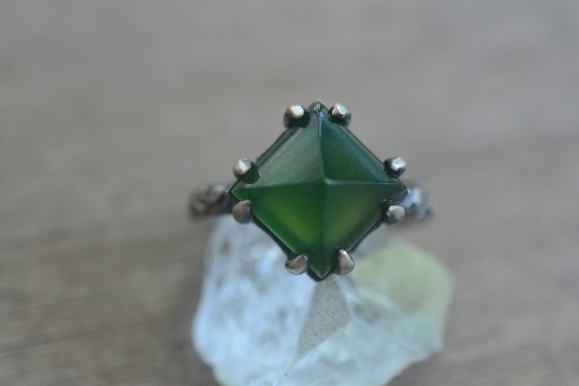 Green Crystal Pyramid Ring In Gothic Silver