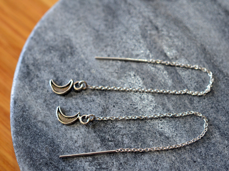 Simple Sterling Silver Moon Charm Ear Threads