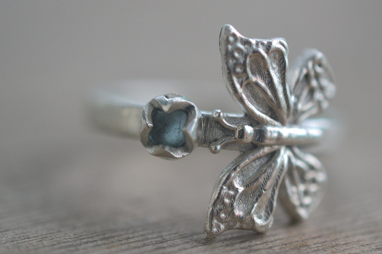 Dainty Butterfly Ring in Silver With Blue Topaz