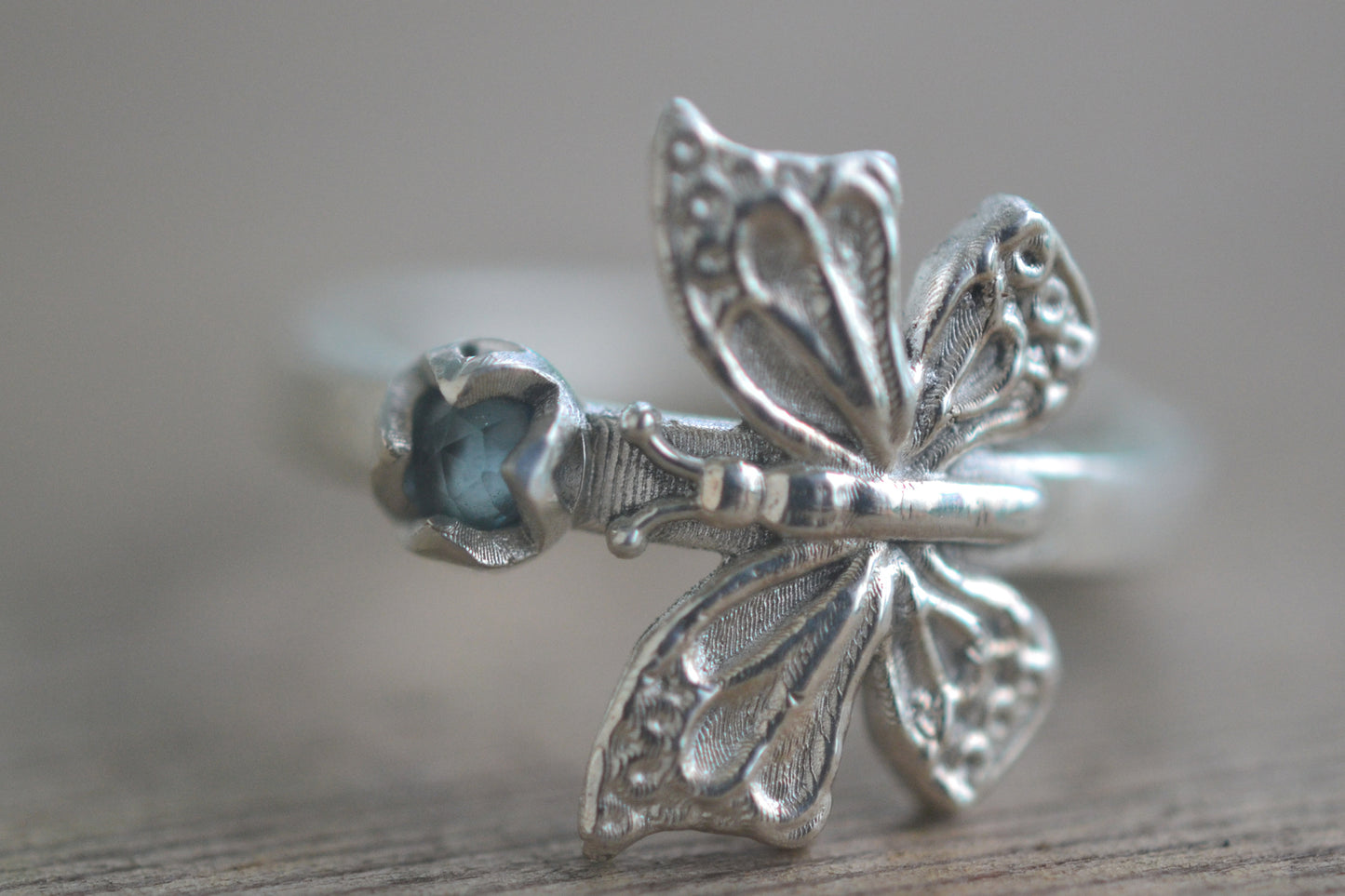 Butterfly Charm Ring in Silver With Topaz