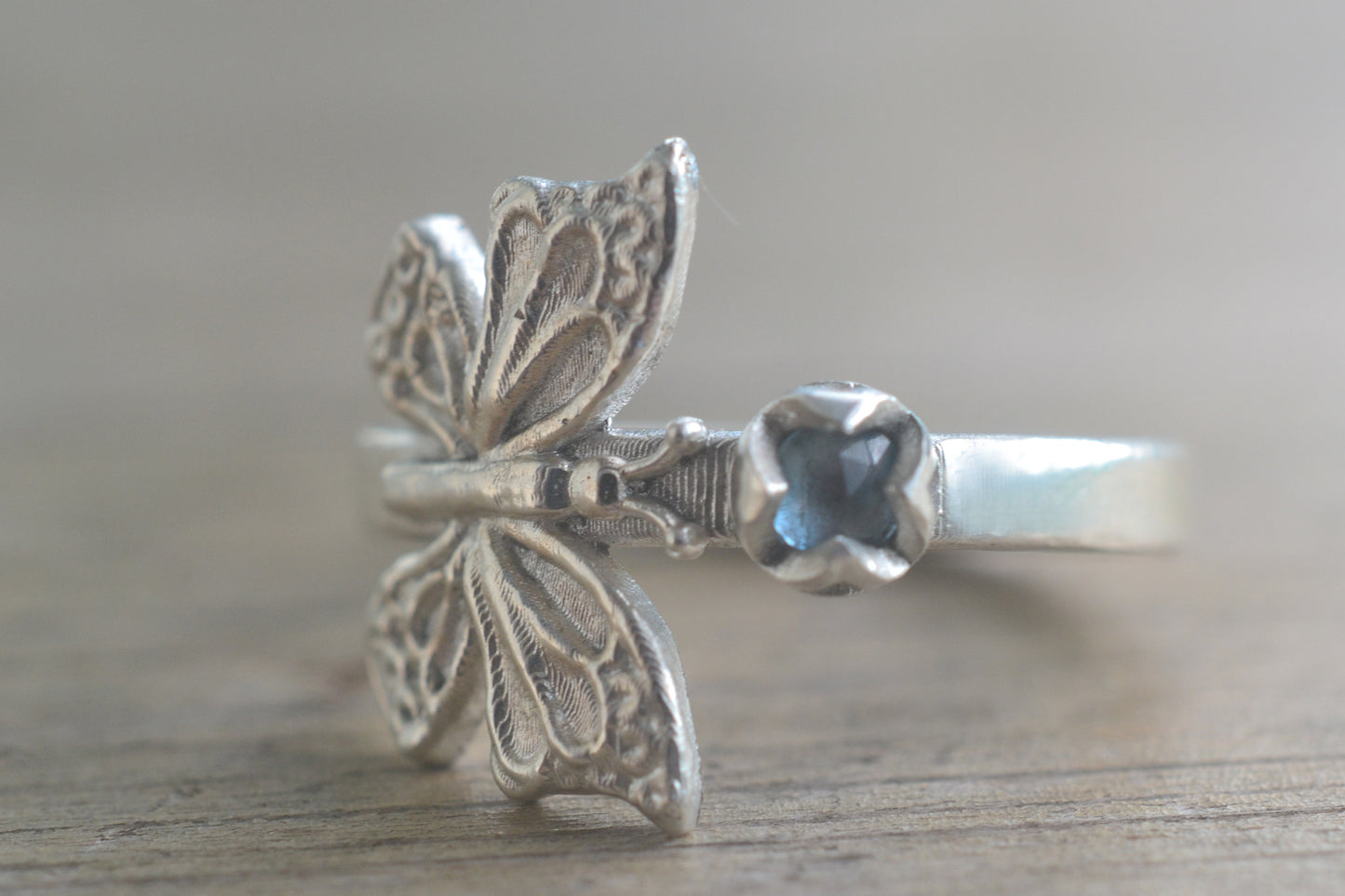 Rose Cut Blue Crystal Silver Butterfly Ring