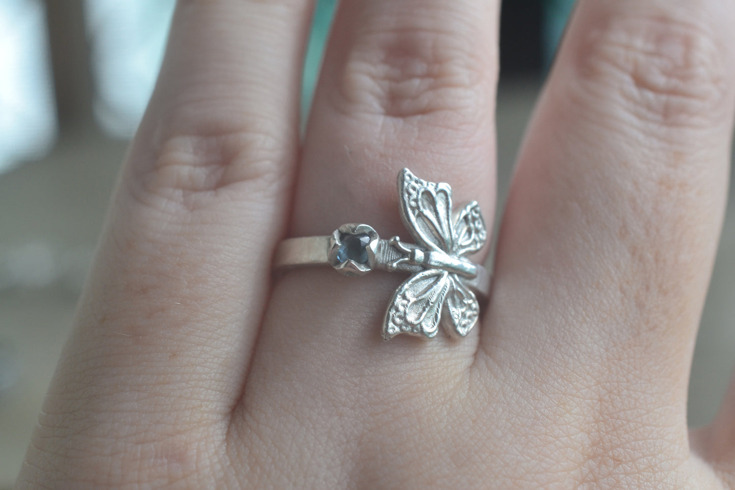 Rose Cut Blue Topaz Ring With Silver Butterfly