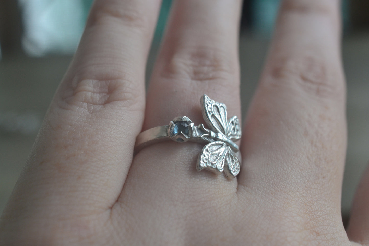 Recycled 925 Sterling Silver Butterfly Ring With Stone