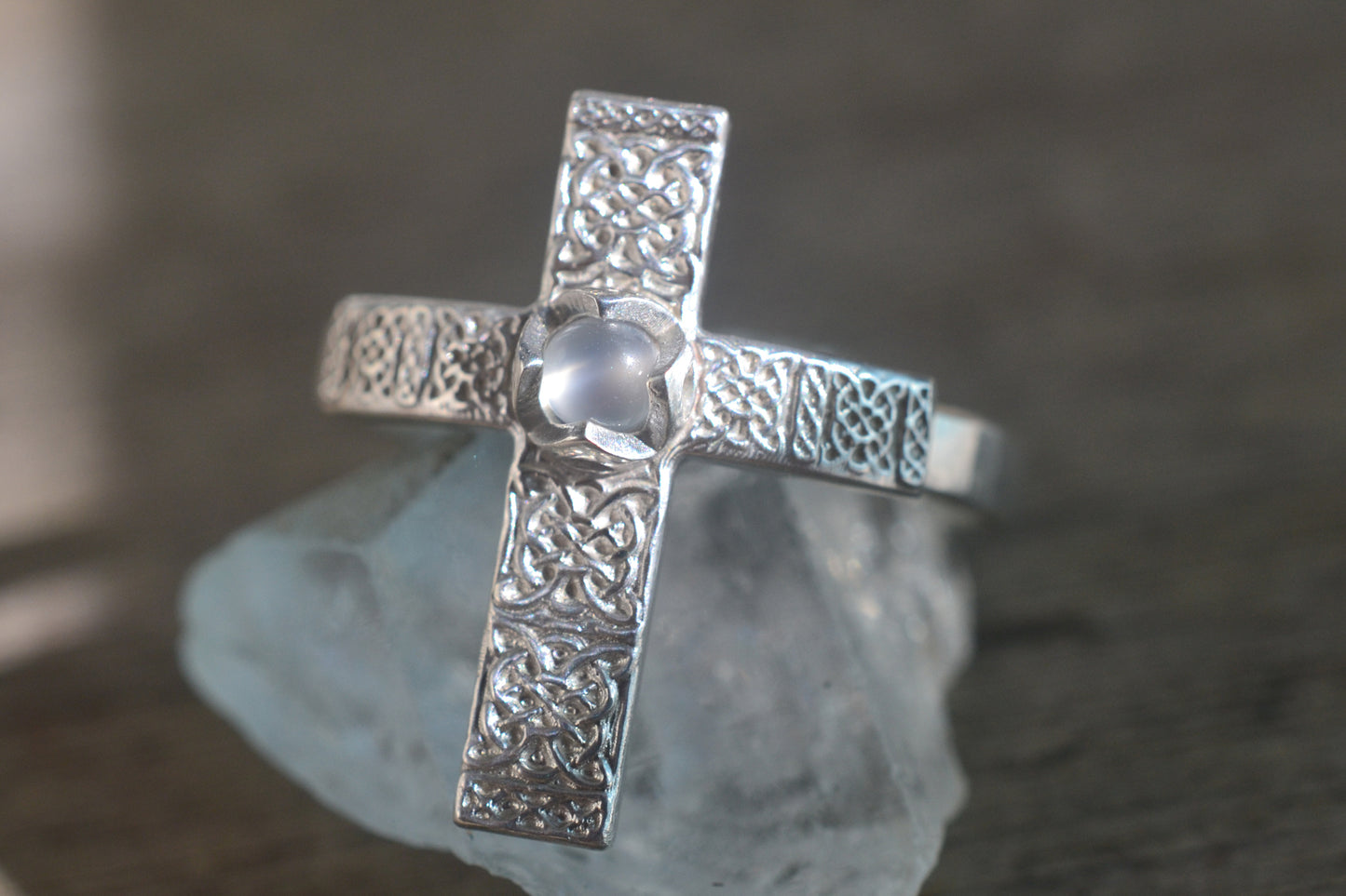 Sterling Silver Celtic Cross Ring With Moonstone